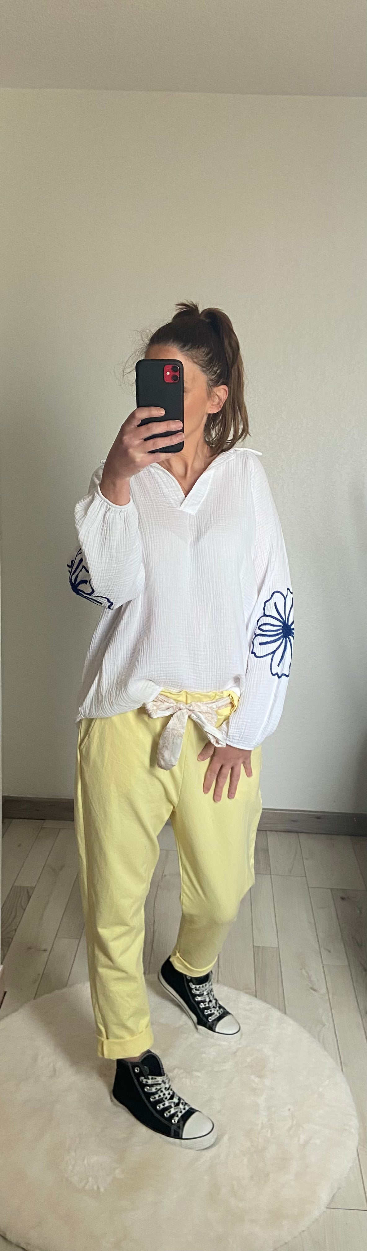 Pantalon femme jaune pastel avec ceinture assortie - Coton élastique coupe moderne décontractée