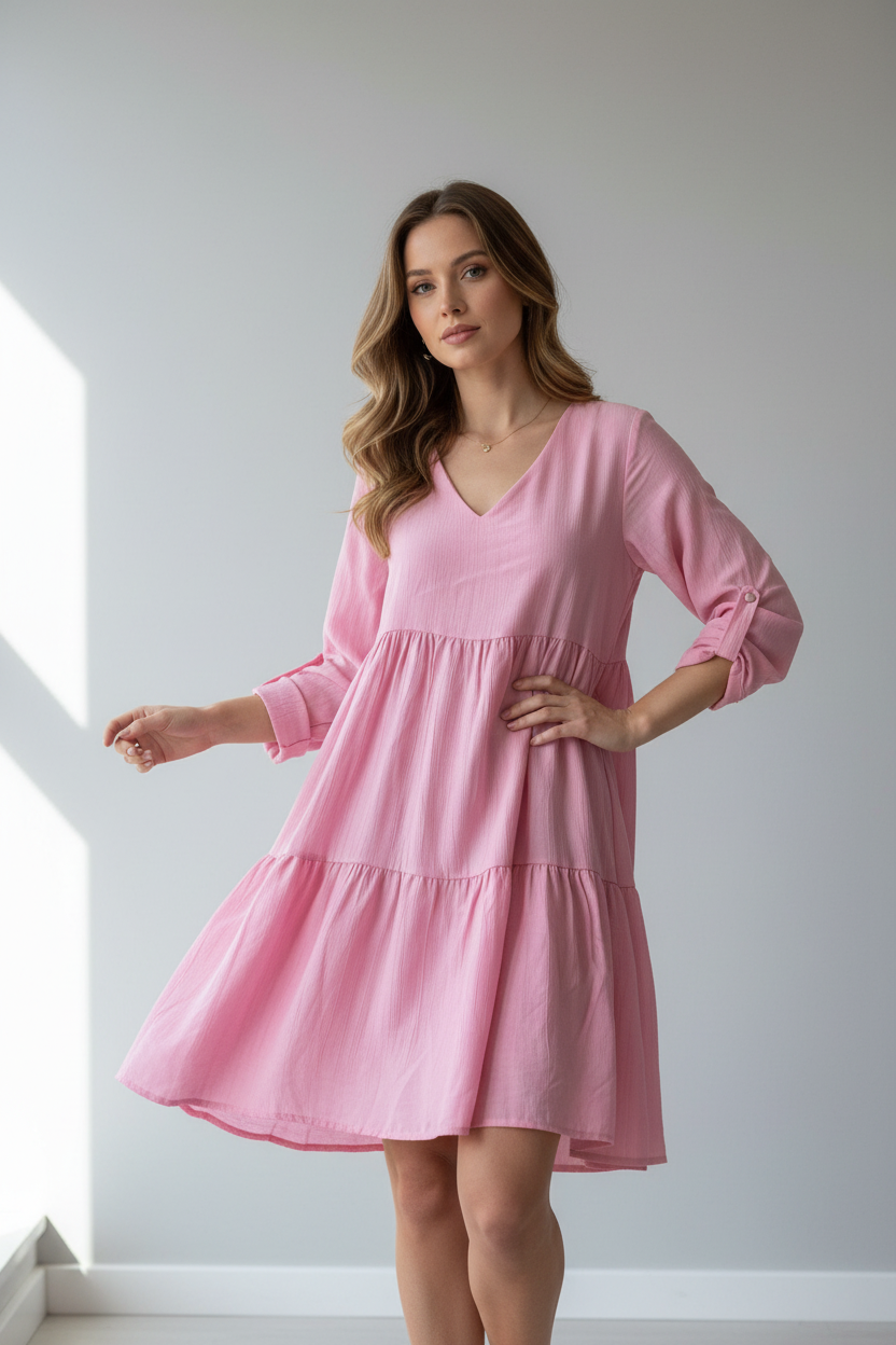 Robe à volants rose portée