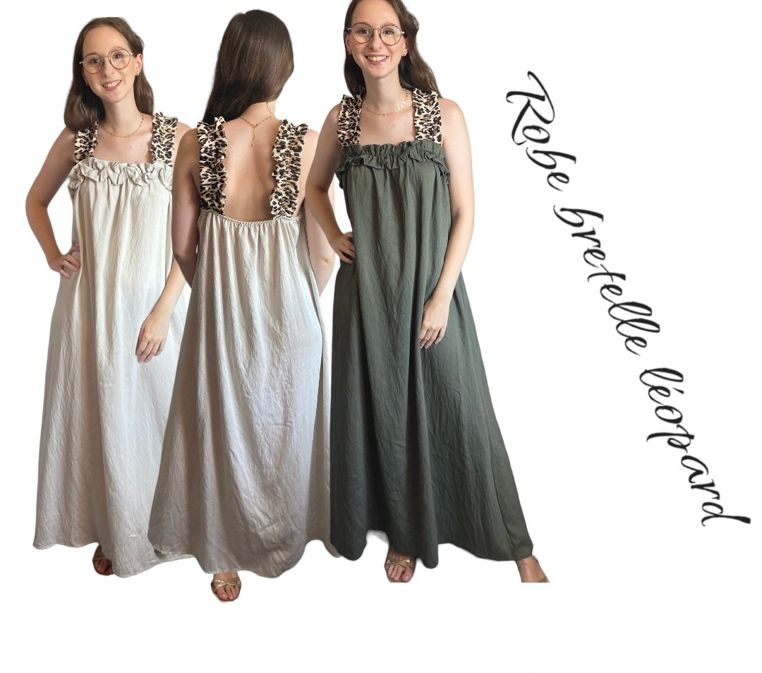"Robe bretelle léopard - détails coupe longue fluide"