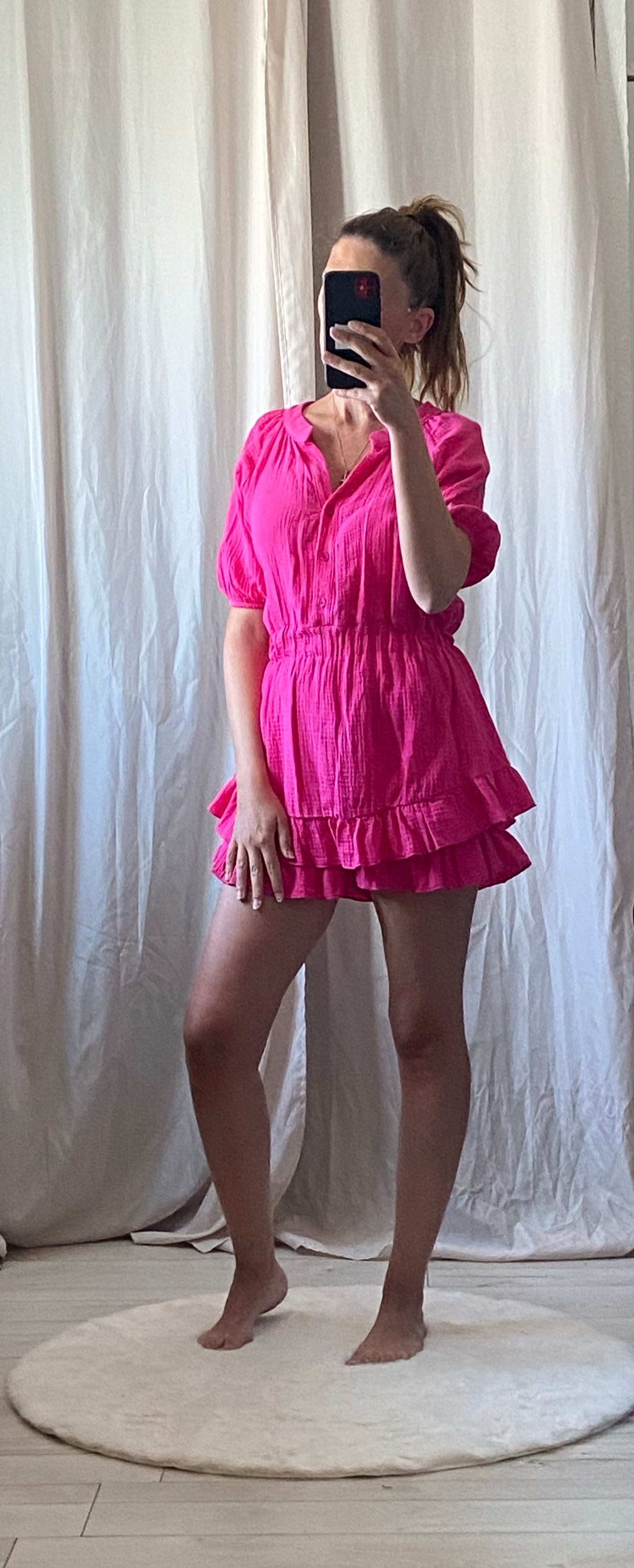 Combinaison Short Femme Rose Fuchsia - Gaze Coton Volants