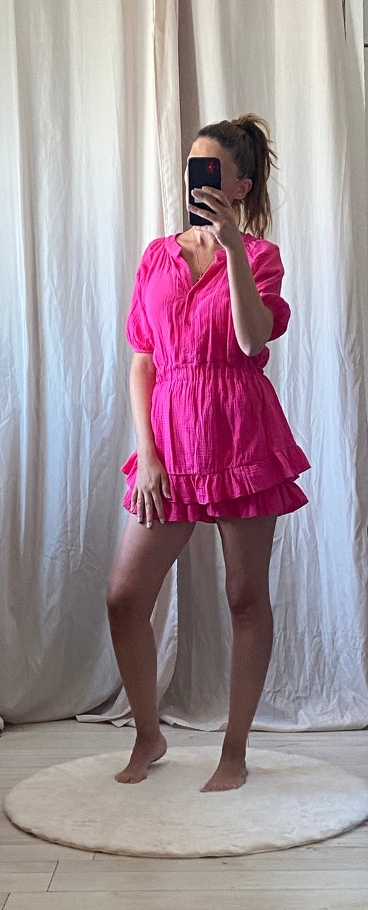 Combinaison Short Femme Rose Fuchsia - Gaze Coton Volants