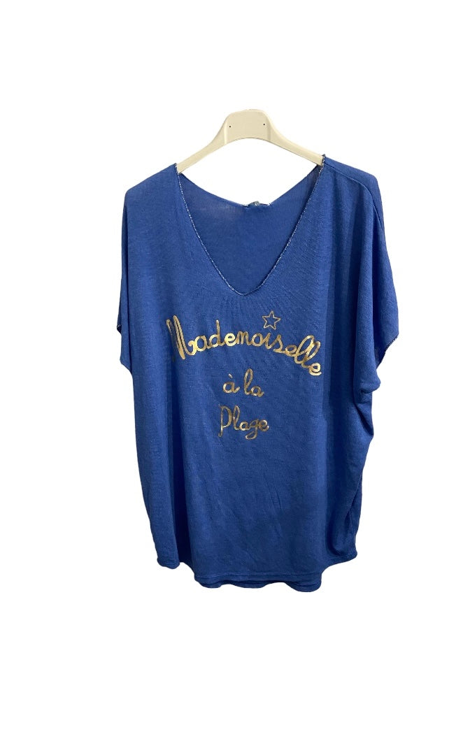 "T-shirt Mademoiselle femme - vue de FACE BLEU ou détails imprimé"