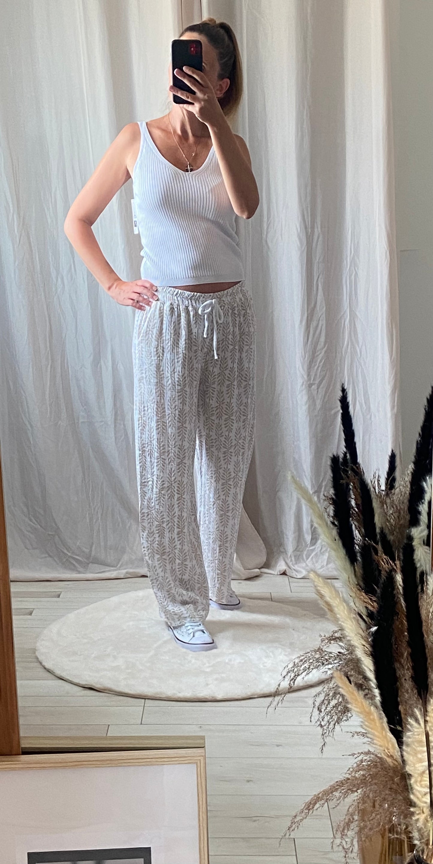 Pantalon femme imprimé feuillage vert - Gaze de coton léger respirant avec poches
