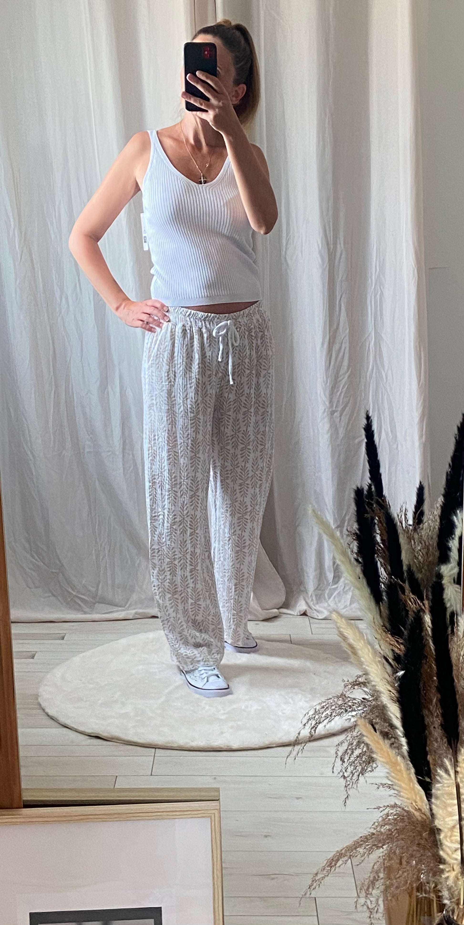 Pantalon femme imprimé feuillage vert - Gaze de coton léger respirant avec poches
