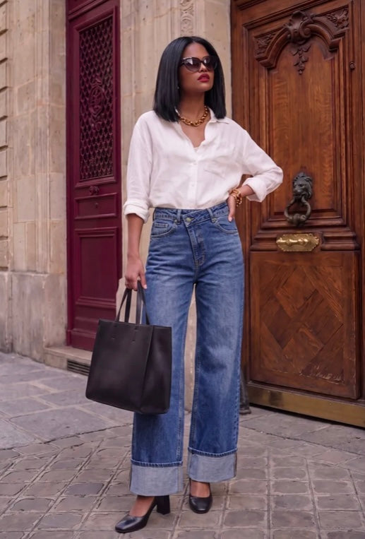 Jean droit femme taille haute bleu à fermeture asymétrique