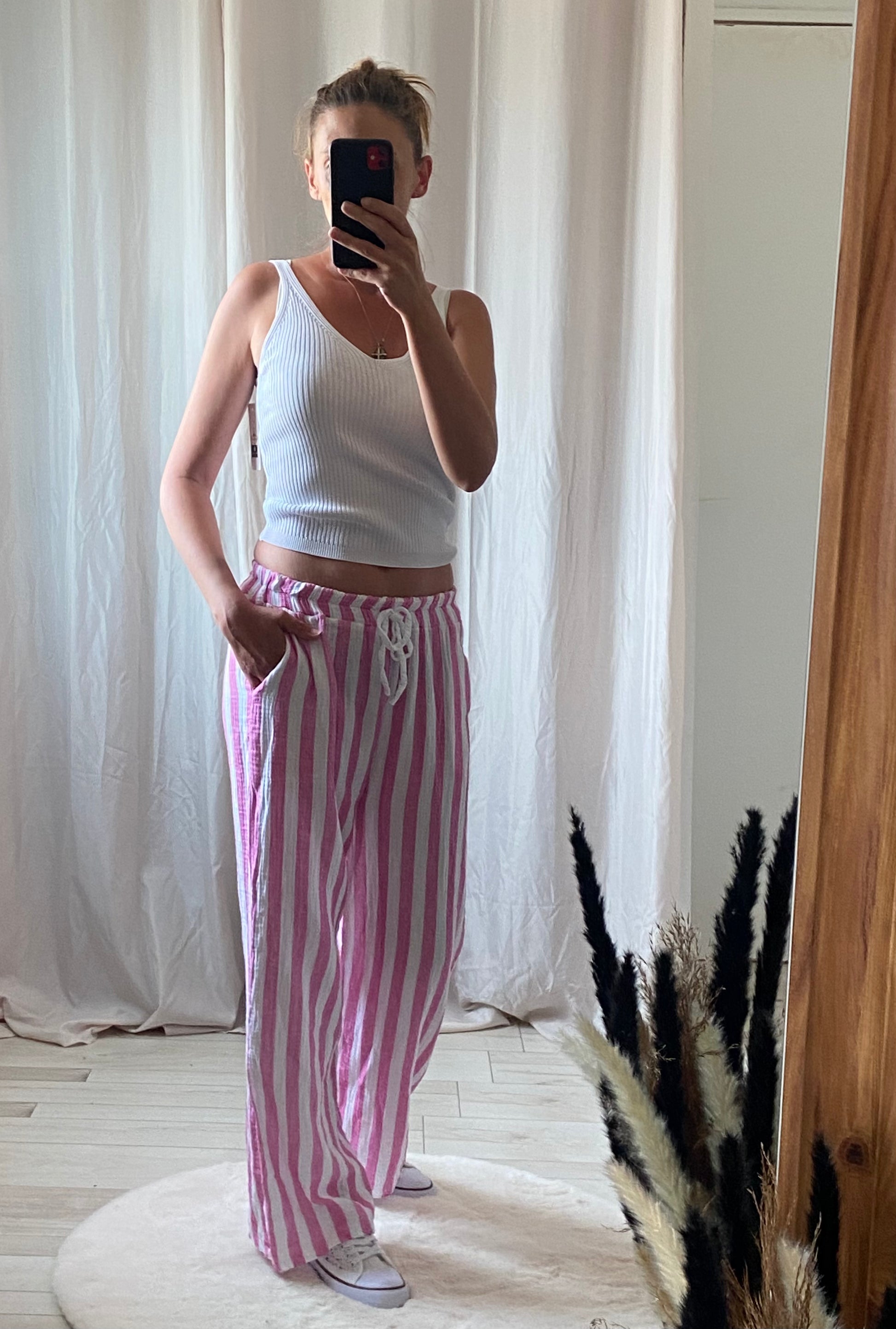 Pantalon rayé femme rose pastel fluide - Coupe large taille élastique style bohème
