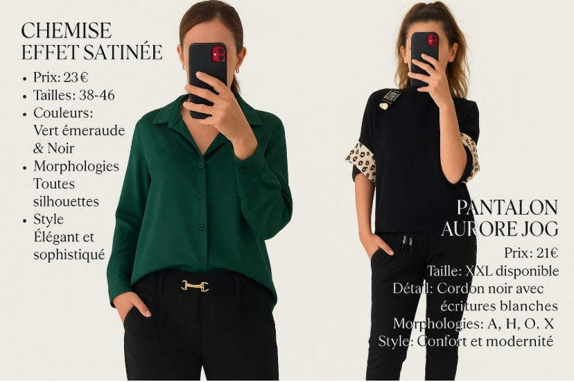 "Chemise effet satin vert foncé - vue de FACE portée