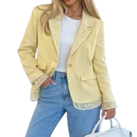 Blazer dentelle femme – Style bohème, coupe ajustée – Jaune pastel 