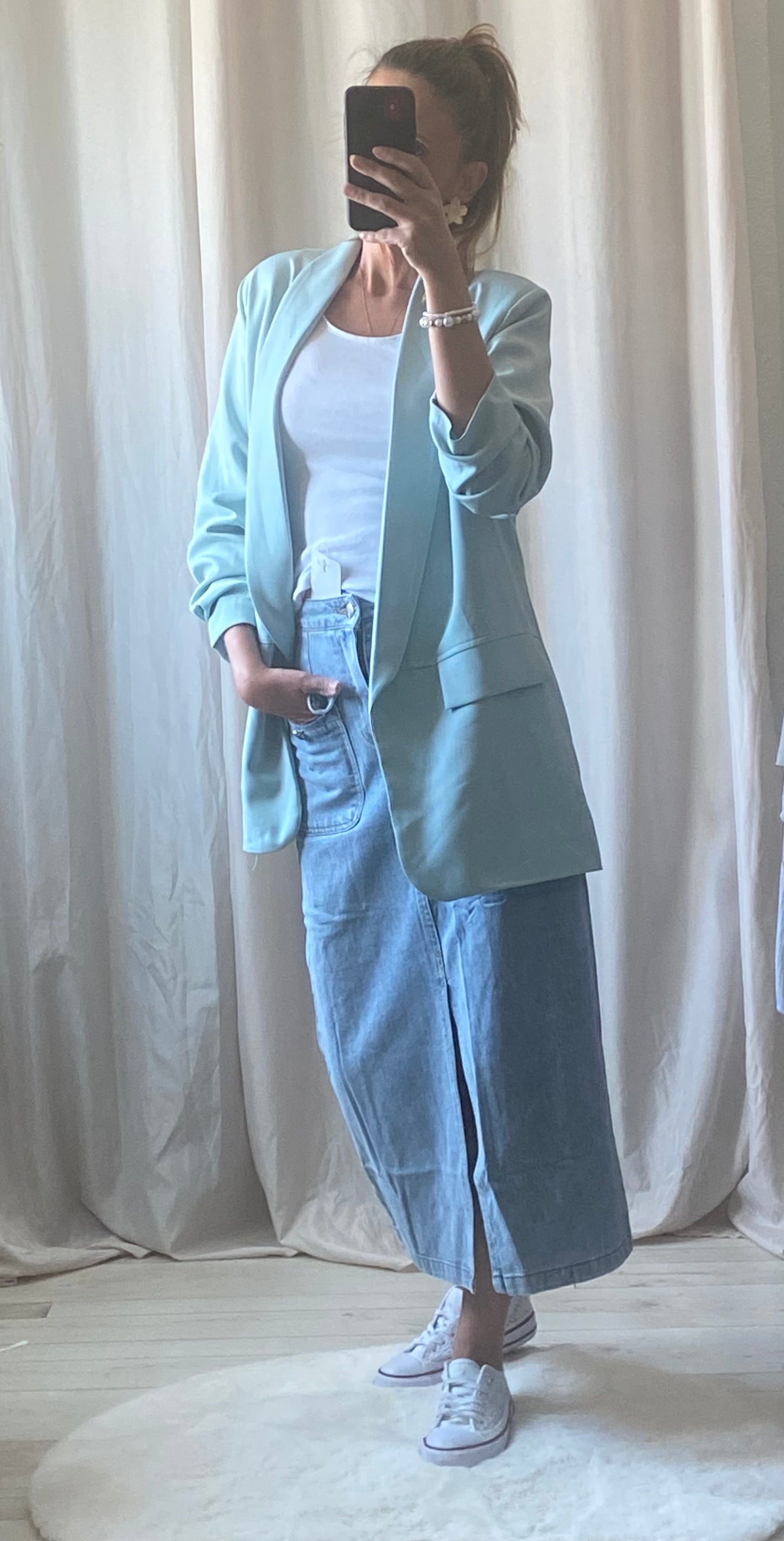 Blazer Oversize Vert d'Eau Femme - Veste Manches Froncées Style Bohème