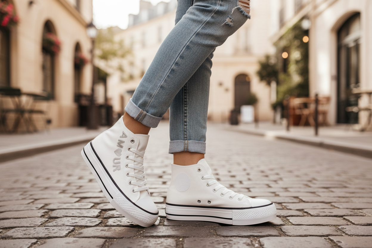 "Basket Amour blanche portée - logo amour semelle épaisse lifestyle"