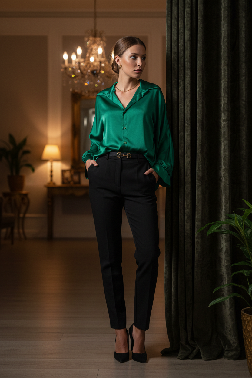 Chemise Satinée Vert Émeraude - Soirée