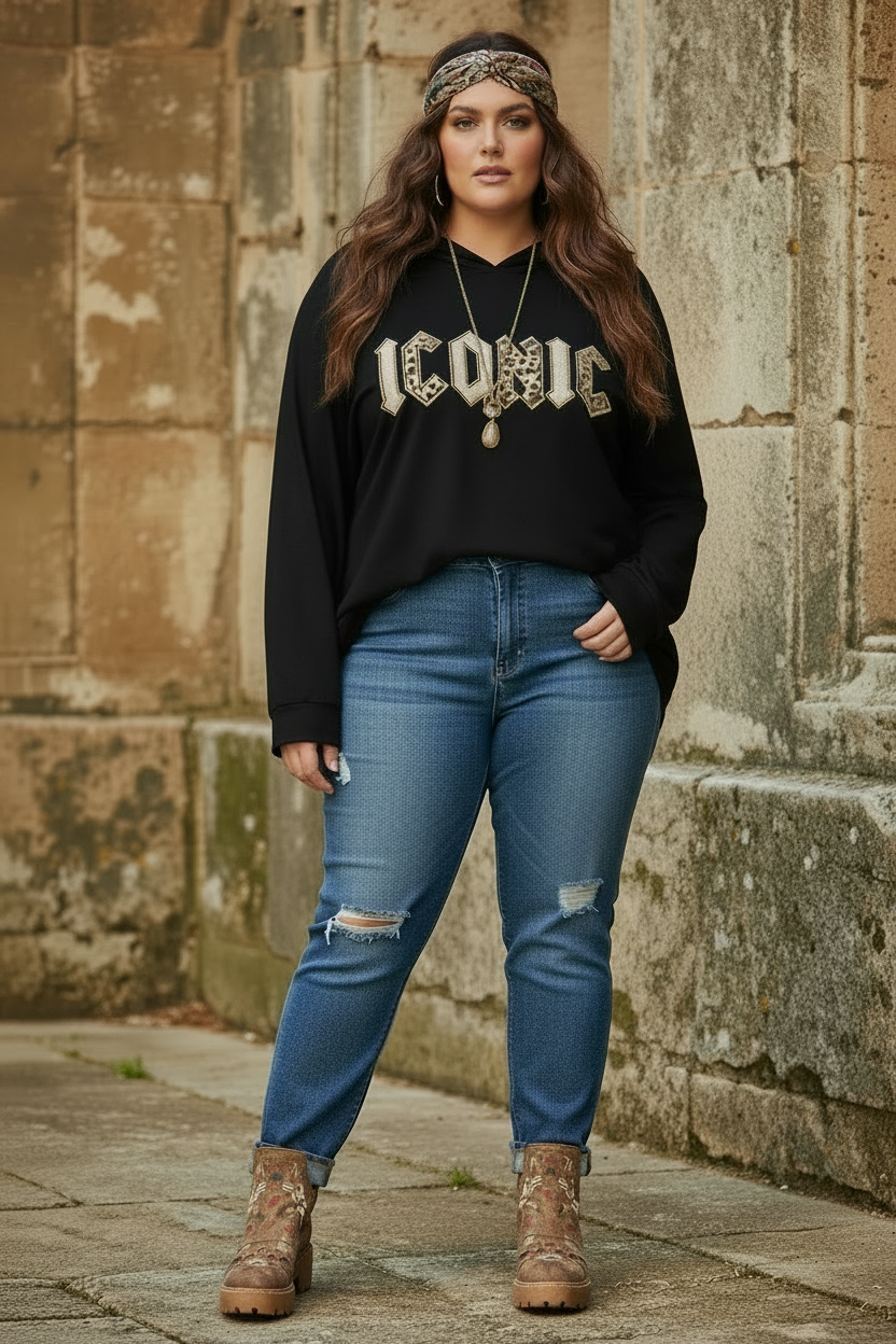 Hoodie ICONIC noir manches poignet