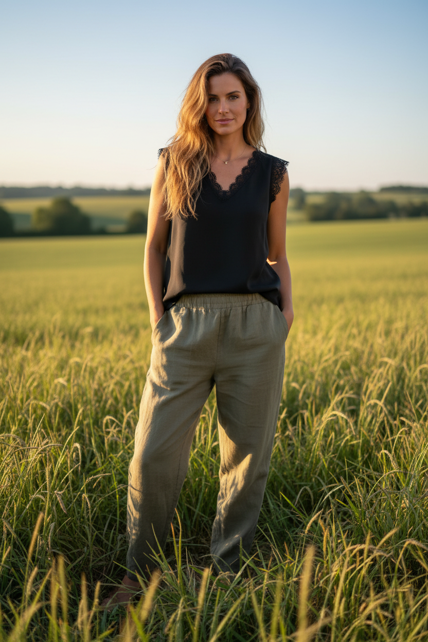 Look campagne bohème - Pantalon Lin Kaki + Top Dentelle Noir