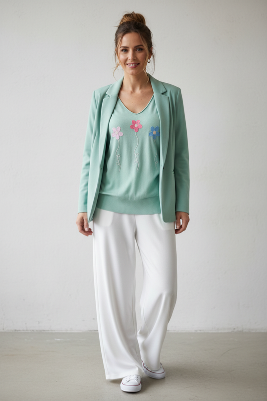 Pull Marguerites vert d'eau ensemble complet