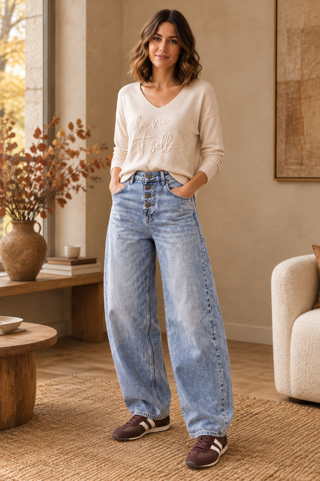 Tenue Bmbboutik avec pull La Vie Est Belle, jean délavé et baskets marron